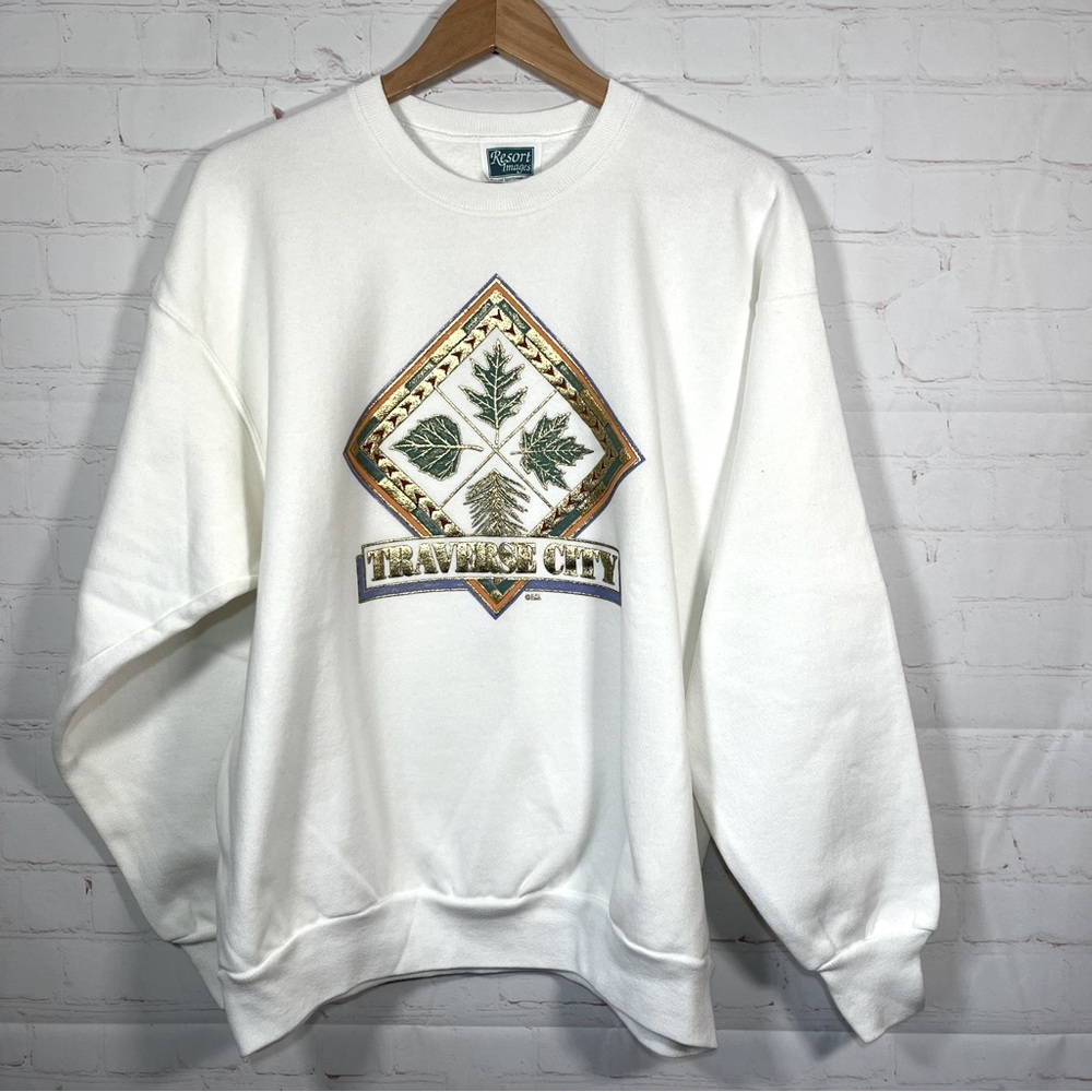 Vintage Michigan Traverse City Sweatshirt Mens Size XL White Raised Lettering